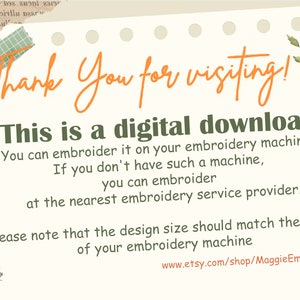 Puede incluir: Una descarga digital para dise&ntilde;os de bordado. El texto dice: "&iexcl;Gracias por visitar! Esta es una descarga digital. Puedes bordarlo en tu m&aacute;quina de bordar. Si no tienes una m&aacute;quina de bordar, puedes bordarlo en el proveedor de servicios de bordado m&aacute;s cercano. Ten en cuenta que el tama&ntilde;o del dise&ntilde;o debe coincidir con el tama&ntilde;o de los aros de tu m&aacute;quina de bordar. www.etsy.com/shop/MaggieEmbDesign"