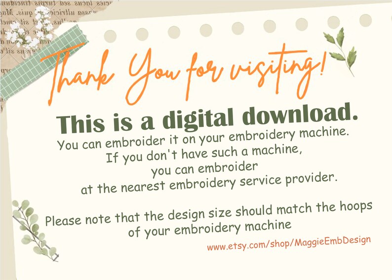 Puede incluir: Una descarga digital para dise&ntilde;os de bordado. El texto dice: "&iexcl;Gracias por visitar! Esta es una descarga digital. Puedes bordarlo en tu m&aacute;quina de bordar. Si no tienes una m&aacute;quina de bordar, puedes bordarlo en el proveedor de servicios de bordado m&aacute;s cercano. Ten en cuenta que el tama&ntilde;o del dise&ntilde;o debe coincidir con el tama&ntilde;o de los aros de tu m&aacute;quina de bordar. www.etsy.com/shop/MaggieEmbDesign"