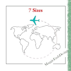 Karte-Stickerei-Design. Weltkarte und Flugzeug. Silhouette eine Linie, Maschinenstickerei-Design, 7 Größen SOFORT-DOWNLOAD. Geschenk für einen Reisenden