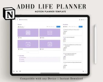 May include: An ADHD Life Planner Notion template displayed on a tablet screen. The interface features purple rectangular sections for daily, weekly, monthly, and yearly planning, alongside a checklist and a column of questions with checkboxes.