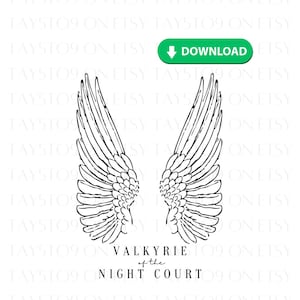 May include: Black and white line art illustration of a pair of wings with the text "Valkyrie of the Night Court".