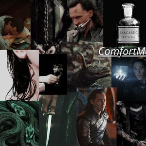 Puede incluir: Un collage de imágenes en tonos verde oscuro y negro. Las imágenes incluyen una botella etiquetada como "Sarcastic Venom", una serpiente, una daga y una persona. También está presente el texto "ComfortMailz".