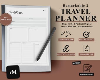 May include: A digital travel planner for Remarkable 2, featuring a clean layout with sections for hotel, transportation, time, activity, and location. Includes the text "Travel Planner" and "80+ TEMPLATES". A stylus rests on the screen, with additional icons and text.