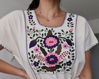 Bestickte mexikanische Bluse aus Baumwolle | Vintage Folklore Top | Ethnische Blumenbluse | Oaxaca Blusen | Vintage Inspiriertes mexikanisches Top