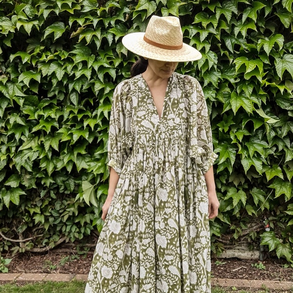 Block Print Sommer Boho Baumwollkleid mit Taschen | Vintage Style Blumenkleid | Schwangerschaft Freundliche Kleider | Brautjungfer Kleider
