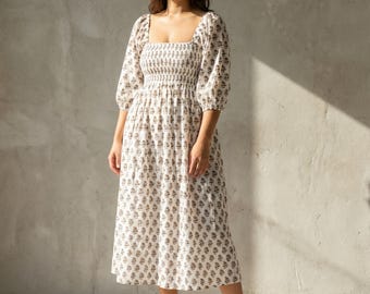 Block Print Cotton Dress: Cottage Core Style Dress with Pockets