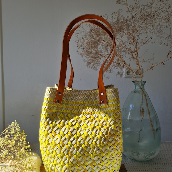 Handmade Raffia Basket Bag With Brown Leather Handle | Straw Beach Bag | Women's Basket Bag In Yellow | Market Basket Bag