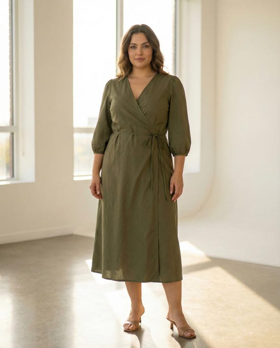 khaki boho dress Handmade Cotton Maxi Wrap Dress: Khaki Boho Dress with Pockets