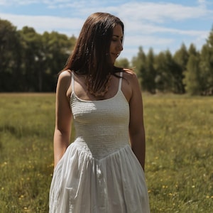 White Cotton Midi Dress: Elegant  Drop Waist Outfit