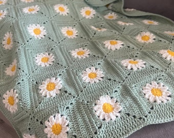 Baby Shower Gift, Mint Crochet Stroller, Daisy Granny Toddler, Unique Afghan Throw, Handmade Home Decor, Statement Nursery Decor