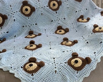 Blue Teddy Bear Baby Shower Gift, Hairloom Baby Blanket, Baby Wrap Blanket, Crochet Animal Stroller, Unique Nursery Decor, Toddler Throw