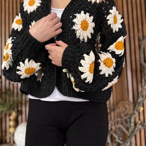 Oversize Black Daisy Cardigan, Wearable Art Crochet Duster Coat, Boho Festival Sweater, Crop Granny Jacket, Luxury Gift for Daisy Lovers