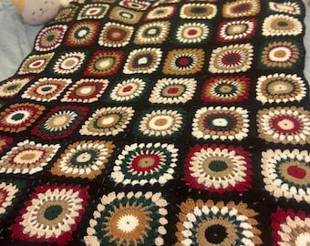 Handmade Crochet Granny Square Afghan: Retro Style Throw Blanket