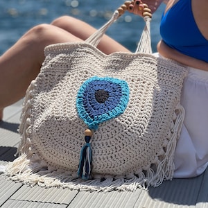 Large Boho Nazar Macrome Bag, Fringe Moon Tote Bag, Crochet Cotton Beach Bag, Luxury Unique Design Bag, Festival Tassel Bag, Gift for Her