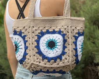 Nazar Tote Bag, Mandala Crochet Bag, Square Evil Eye Bag, Large Retro Granny Handbag, Vintage Style Pouch Bag, Cute Gift for Her