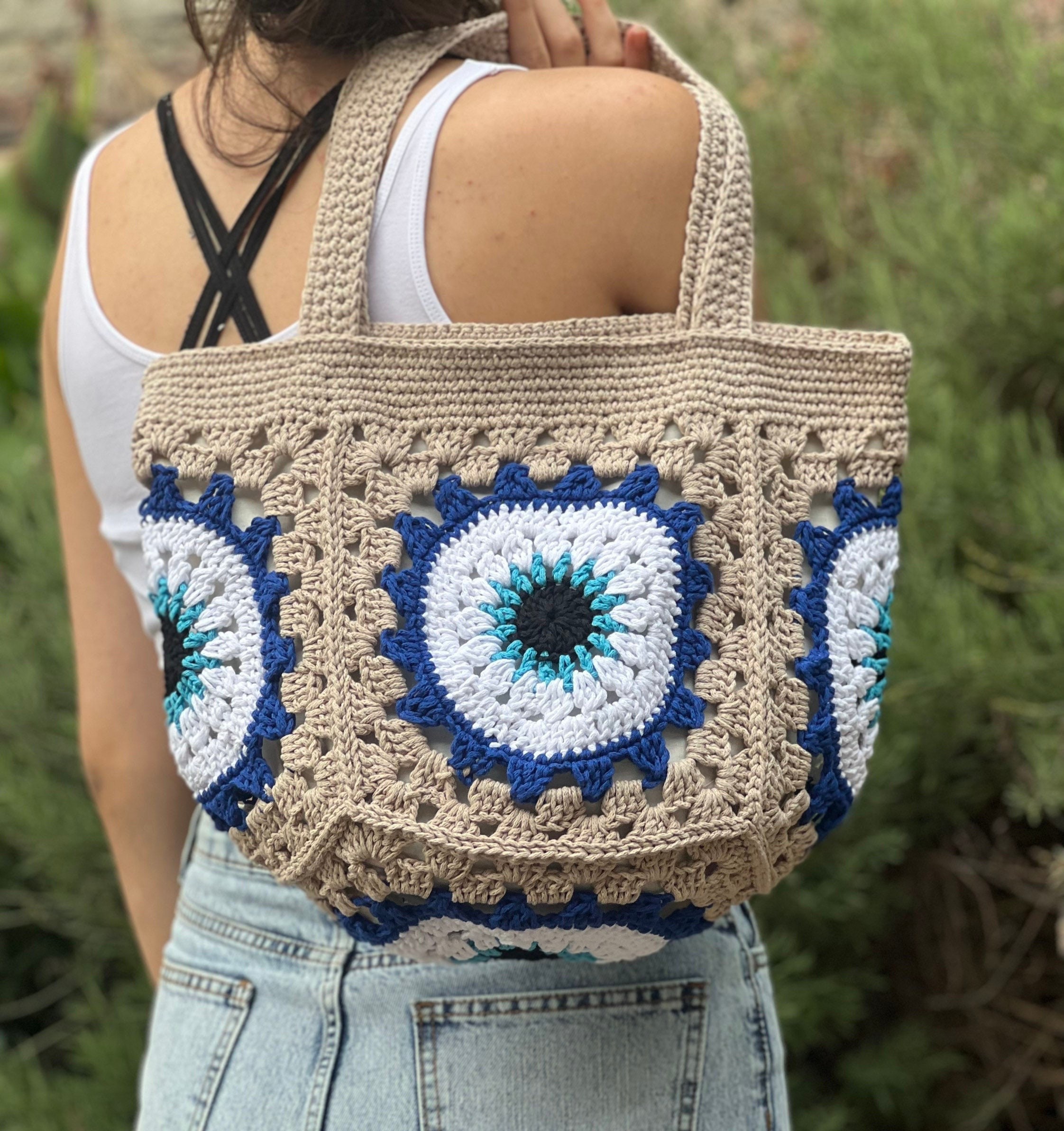 Nazar Tote Bag, Mandala Crochet Bag, Square Evil Eye Bag, Large