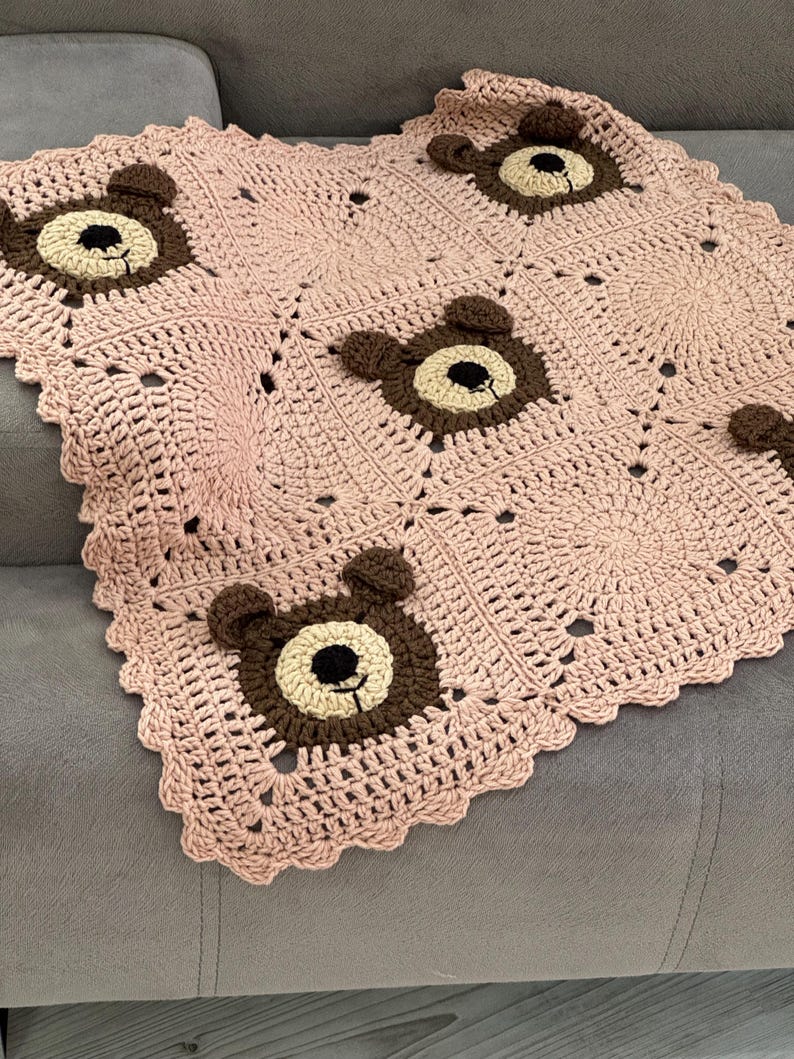 Handmade Teddy Bear Blanket, Crochet Animal Stroller, Soft Coton Baby Shower Gift, Cozy Christmas Gift, Unique Granny Toddler, Nursery Decor image 6
