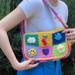 Crochet Charm Shoulder Bag, Y2K Aesthetics Bag, Famous Patchwork Checkered Tote Bag, Retro Macrome Handbag, Cute Gift for Her, Unique Bag
