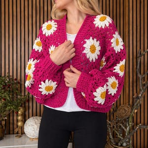 Oversize Fuchsia Daisy Cardigan, Wearable Art Crochet Duster Coat, Boho Festival Sweater, Crop Granny Jacket, Luxury Gift for Daisy Lovers