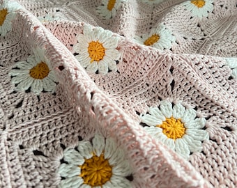 Pink Daisy Newborn Blanket, Baby Shower Gift, Cotton Crochet Stroller, Daisy Granny Toddler, Unique Square Throw, Statement Nursery Decor