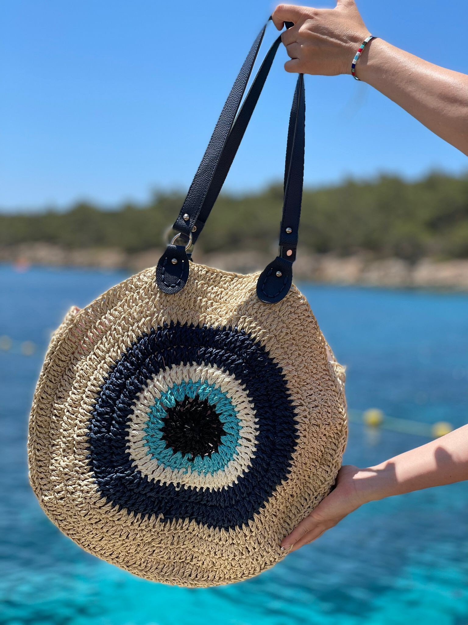 Evil Eye Straw Beach Bag, Large Summer Round Tote Bag, Crochet Eco