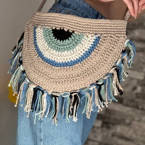 Evil Eye Macrome Bag, Nazar Boho Crossbody Bag, Crochet Fringe Bag, Unique Moon Party Bag, Gift for Friends, Statement Festival Bag