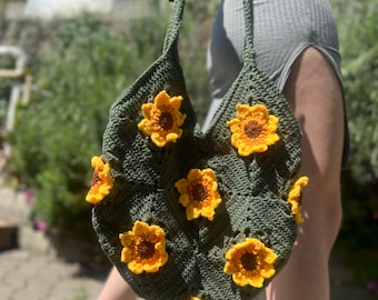 Sunflower Crochet Shoulder Bag, Retro Granny Handbag, Afghan Cotton Bag, Floral Festival Bag, Aesthetic Y2K Tote Bag, Unique Gift for Her