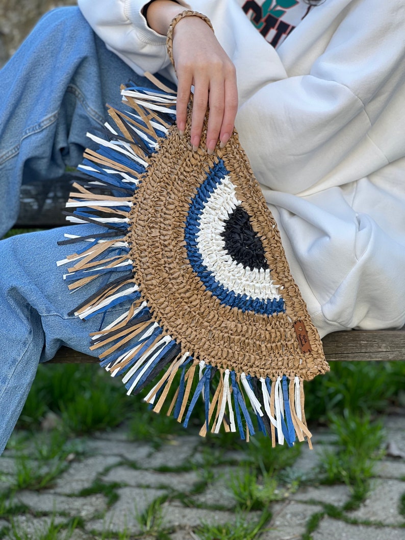 Evil Eye Straw Clutch Half Moon Knitted Bag Unique Nazar Etsy