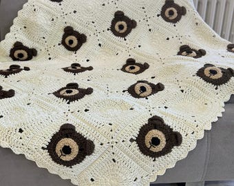 Edredón de osito de peluche hecho a mano para bebé, regalo para baby shower, manta de reliquia, cochecito de animales de ganchillo, decoración para habitación infantil, manta de algodón para niños pequeños