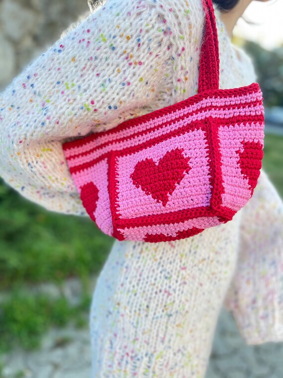 Gift for Valentine Crochet Sweetheart Tote Red Heart Shoulder