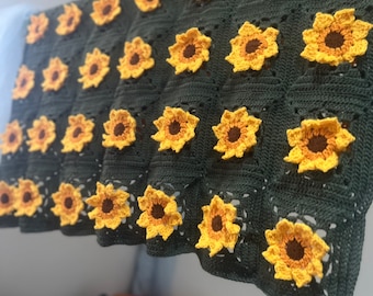 Manta cuadrada de ganchillo con girasoles para abuela: manta hecha a mano para niños pequeños.