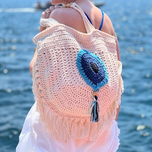 Evil Eye Macrome Beach Bag,  XL  Moon Tote Bag, Crochet Cotton Beach Bag, Unique Design Bag, Iconic Tassel Bag, Gift for Her, Stylish Bag