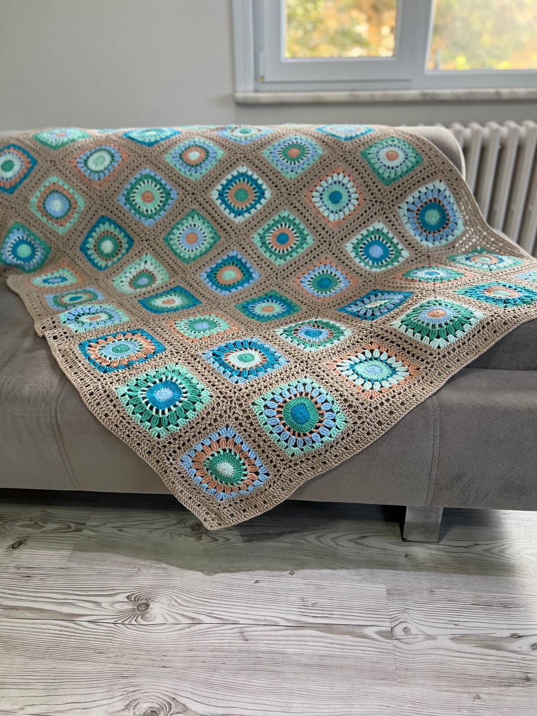 Turquoise Afghan Blanket, Retro Crochet Granny Throw, Unique ...