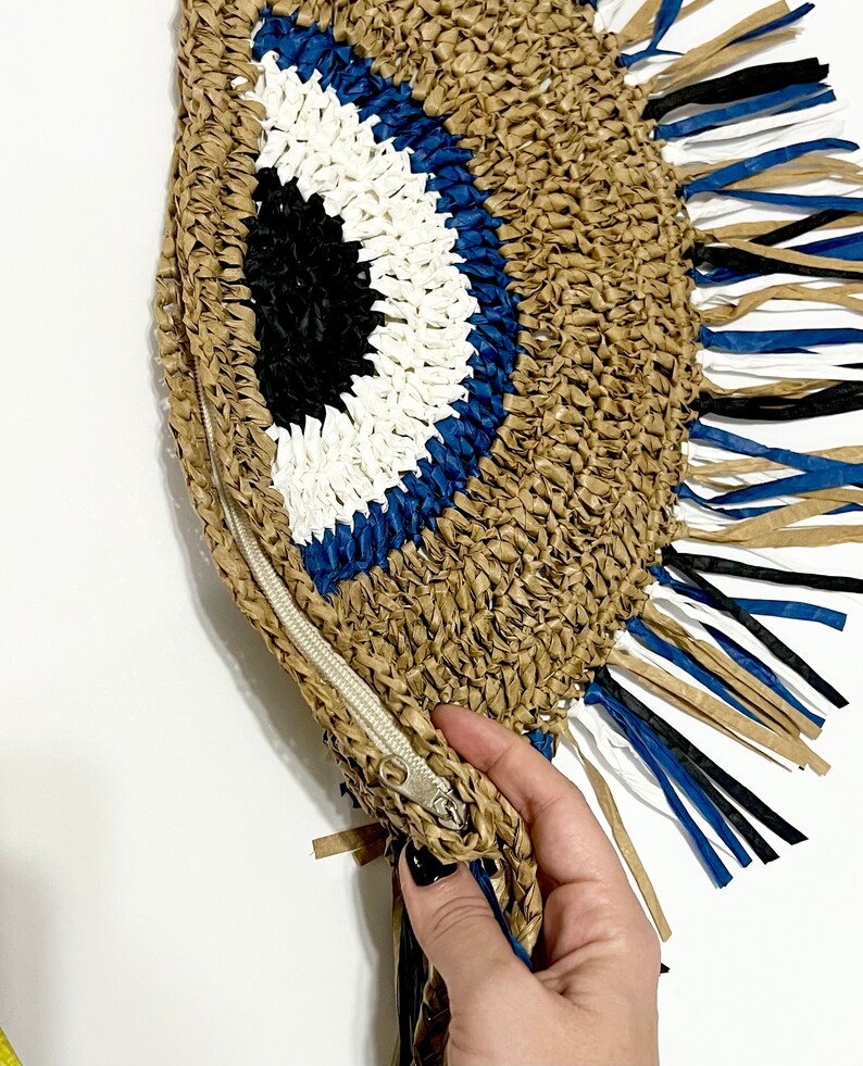 Evil Eye Straw Clutch Half Moon Knitted Bag Unique Nazar Etsy