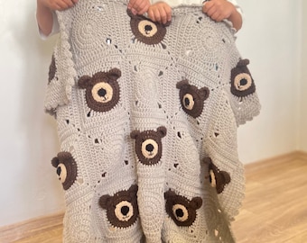 Handmade Teddy Bear Blanket, Crochet Animal Stroller, Soft Coton Baby Shower Gift, Cozy Christmas Gift, Unique Granny Toddler, Nursery Decor