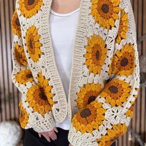 Oversize Sunflower Crop Cardigan, Boho Festival Duster, Statement Granny Jacket, Daisy Sweater, Wearable Art Crochet Coat, Luxury Gift