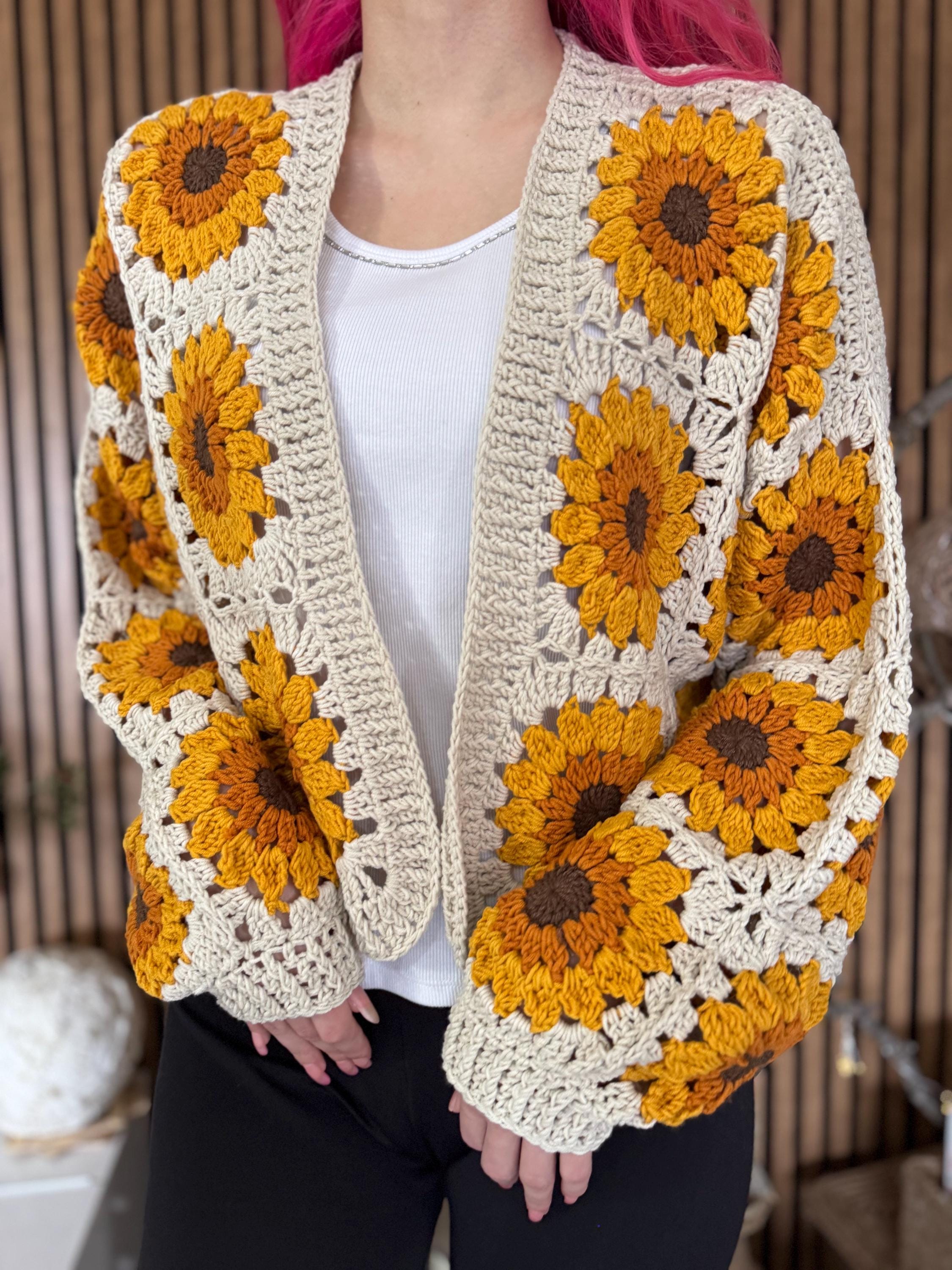 Oversize Sunflower Crop Cardigan, Boho Festival Duster, Statement
