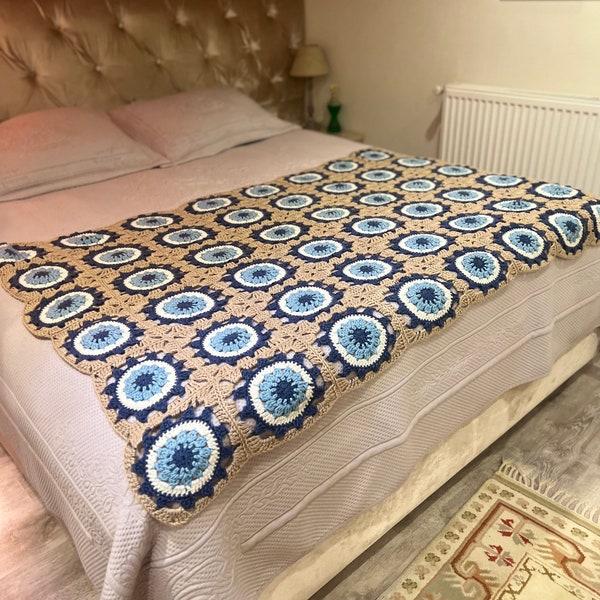 Crochet Evil Eye Bedspread, Wedding Gift, Retro Charm Blanket, Granny Afghan TV Blanket, Statement Home Decor, Unique Nazar Throw