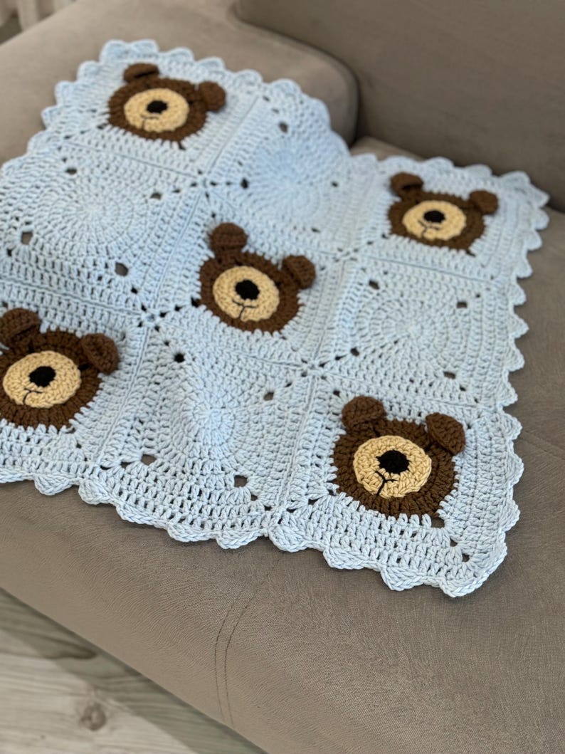 Handmade Teddy Bear Blanket, Crochet Animal Stroller, Soft Coton Baby Shower Gift, Cozy Christmas Gift, Unique Granny Toddler, Nursery Decor image 12