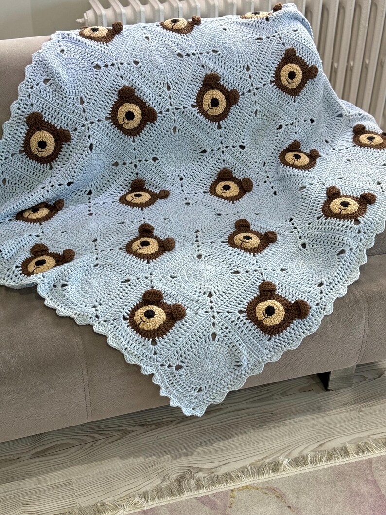 Handmade Teddy Bear Blanket, Crochet Animal Stroller, Soft Coton Baby Shower Gift, Cozy Christmas Gift, Unique Granny Toddler, Nursery Decor image 11
