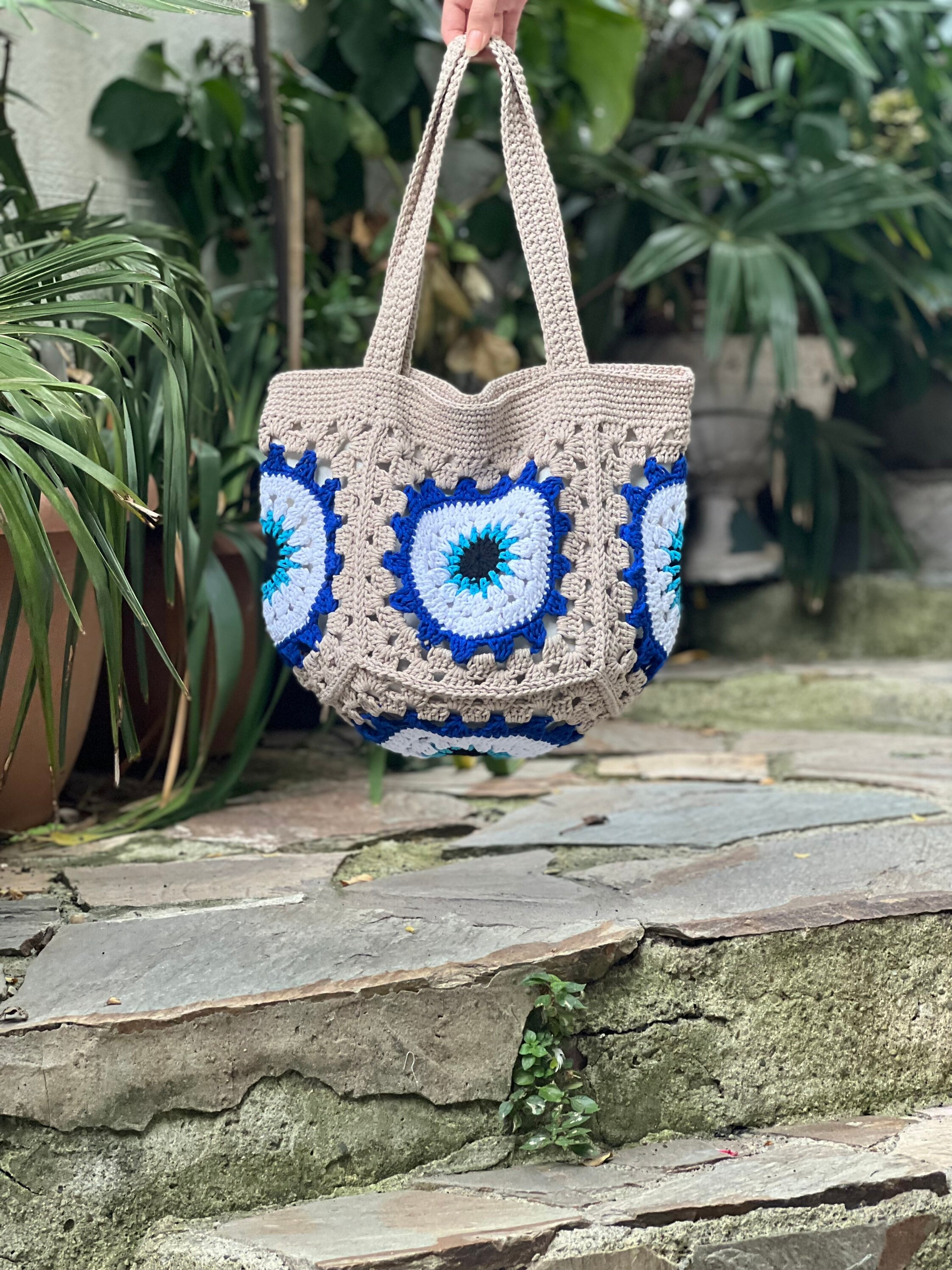 バッグ unknown vintage tote bag Nazar Tote Bag, Mandala Crochet Bag, Square Evil Eye Bag, Large