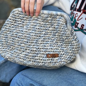 Denim Color Raffia Pouch Bag, Trend Crochet Clutch, Stylish Blue Summer Handbag, Unique gift for Women, Latest Fashion Bag