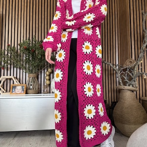 Abrigo de ganchillo de arte para vestir, manta larga floral extragrande, cárdigan bohemio para festivales, chaqueta llamativa de abuela, suéter de margaritas, regalo de lujo
