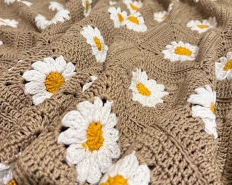 Hand Crochet Baby Quilt, Mink Daisy Newborn Blanket, Baby Shower Gift, Cotton Stroller, Granny Square Throw, Floral Nursery Decor