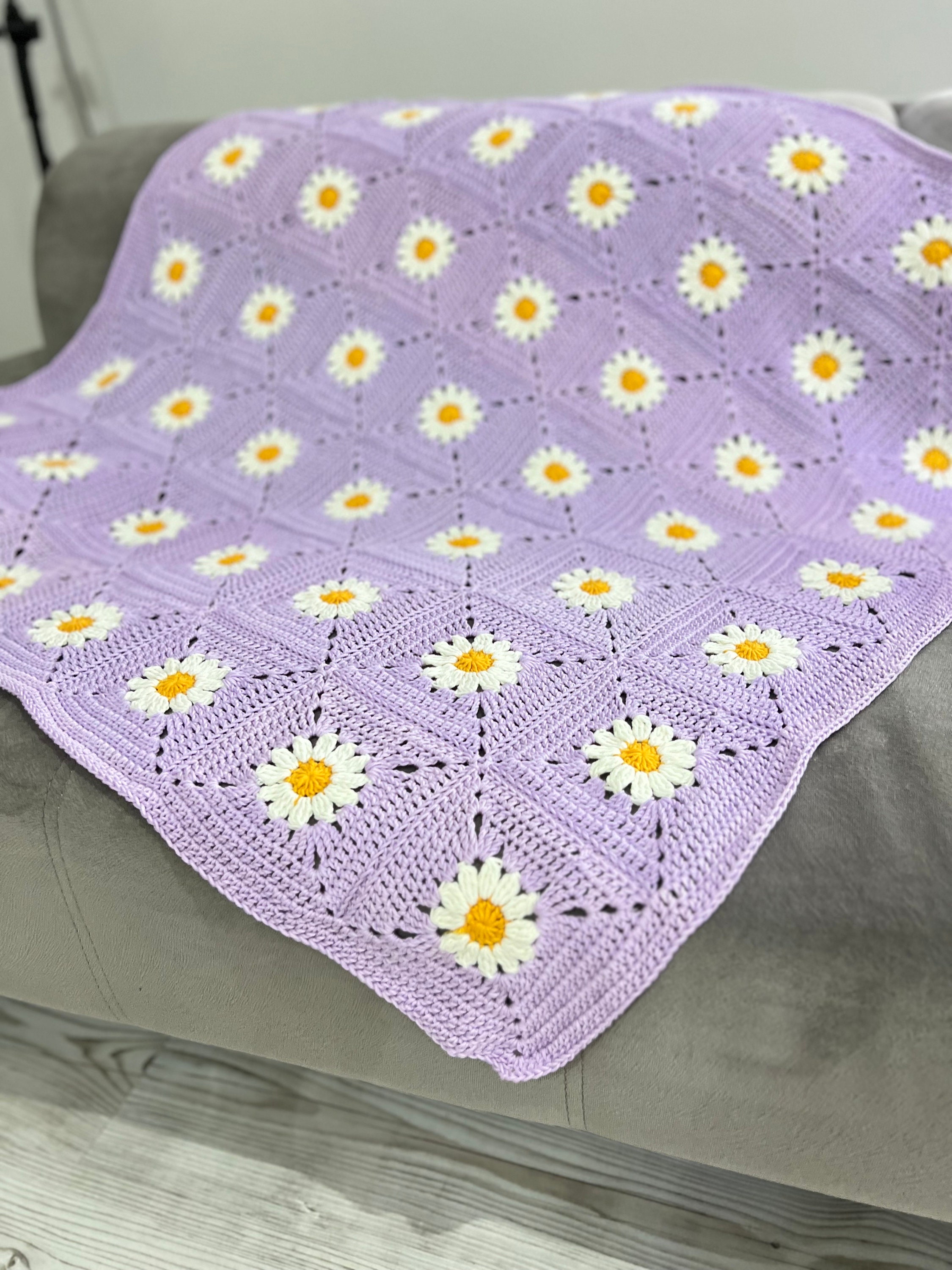 Lilac Daisy Baby Blanket, Crochet Stroller, Granny Toddler, Newborn Afghan Throw, Baby Shower Gift, Handmade Home Decor, Nursery Decor