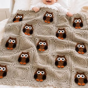 Peut inclure: Une couverture en crochet beige composée de motifs carrés répétitifs, chacun orné d'une application de chouette marron. Les chouettes ont de grands yeux blancs et noirs et des pattes orange. La couverture présente un bord festonné.