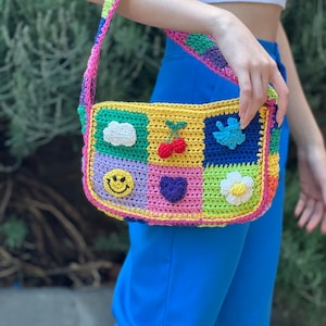 Gift For Doughter, Crochet Charm Tote, Checkered Shoulder Bag, Y2K Aesthetics Bag, Unique Retro Handbag, Stylish Patchwork Bag