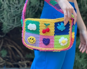 Gift For Doughter, Crochet Charm Tote, Checkered Shoulder Bag, Y2K Aesthetics Bag, Unique Retro Handbag, Stylish Patchwork Bag