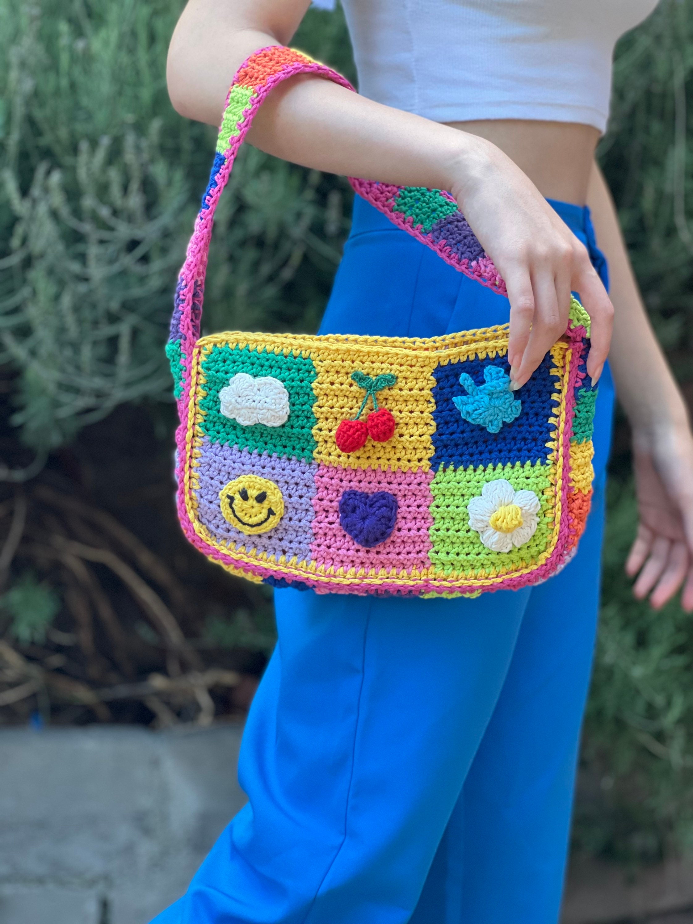 Gift for Doughter Crochet Charm Tote Checkered Shoulder Bag 
