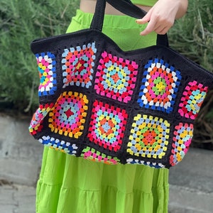 Gift for Mom, XXL Crochet Granny Bag, Black Afghan Shoulder bag, Cotton Boho Tote Bag, Retro Bag, Vintage Style Bag, Square Hobo Bag